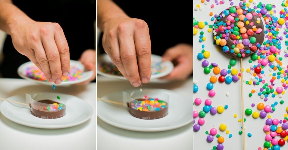A primeira opção de finalização do pirulito é com confeitos de chocolate coloridos. Para fazê-la, é só jogar as pastilhas sobre o chocolate e levar para a geladeira. Quando endurecer, retire o celofane e o pirulito está pronto para o consumo - Leonardo Soares/UOL
