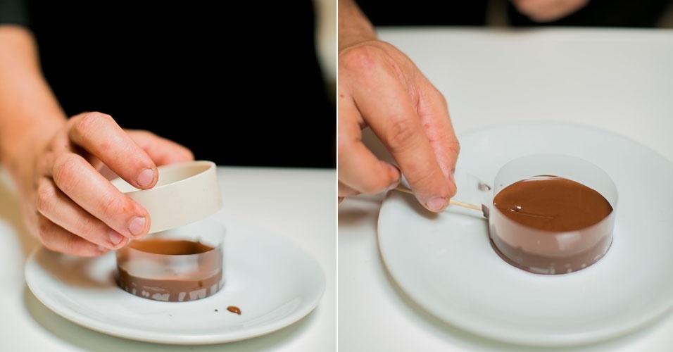 Tire a parte rígida do vazador e enfie o palito no chocolate ainda mole para formar o pirulito - Leonardo Soares/UOL