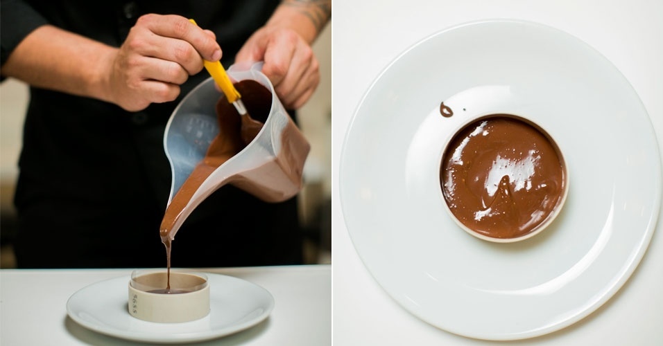 Para continuar a feitura do pirulito, forre a lateral do vazador com um pedaço de plástico e despeje o chocolate derretido dentro dele - Leonardo Soares/UOL