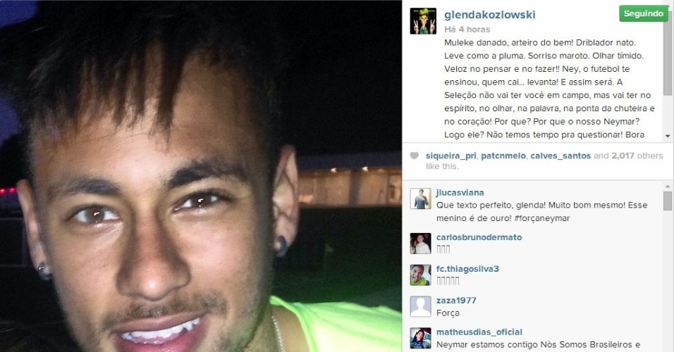 4.jul.2014 - A jornalista Glenda Kozlowski enviou um recado para Neymar, através de seu Instagram, elogiando o trabalho do jogador