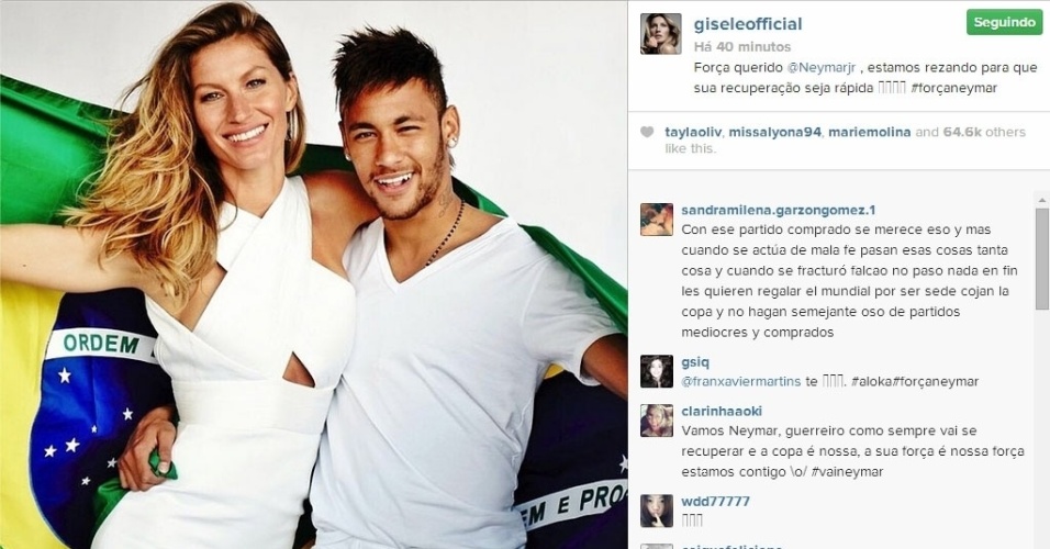 4.jul.2014 - A top model brasileiríssima Gisele Bündchen enviou um recado para Neymar, através de seu Instagram, lhe desejando uma rápida recuperação