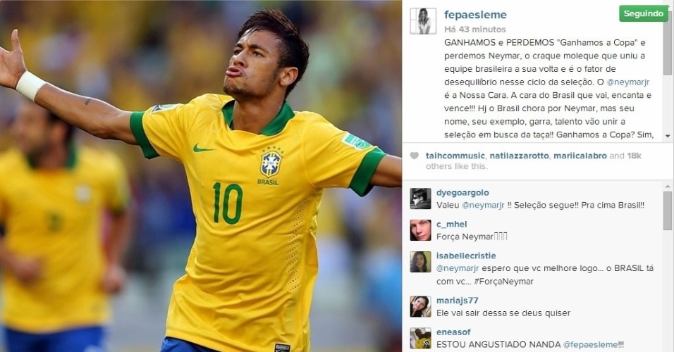 4.jul.2014 - Fernanda Paes Leme, amiga pessoal de Neymar, manda uma mensagem para ele que sofreu uma fratura em uma vértebra durante a partida entre Brasil e Fortaleza pela Copa do Mundo, nesta sexta-feira, em Fortaleza