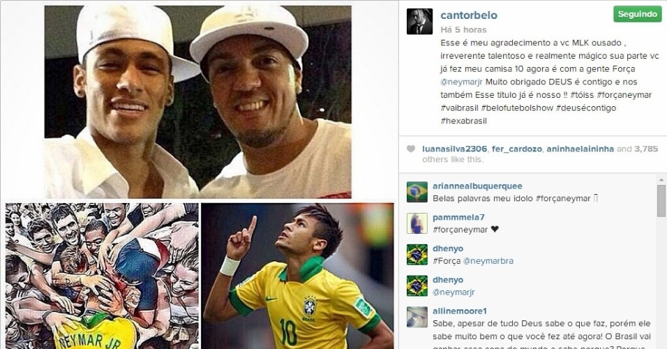 4.jul.2014 - O cantor Belo prestou sua homenagem ao craque Neymar que está fora da Copa do Mundo após fraturar uma dar vértebras