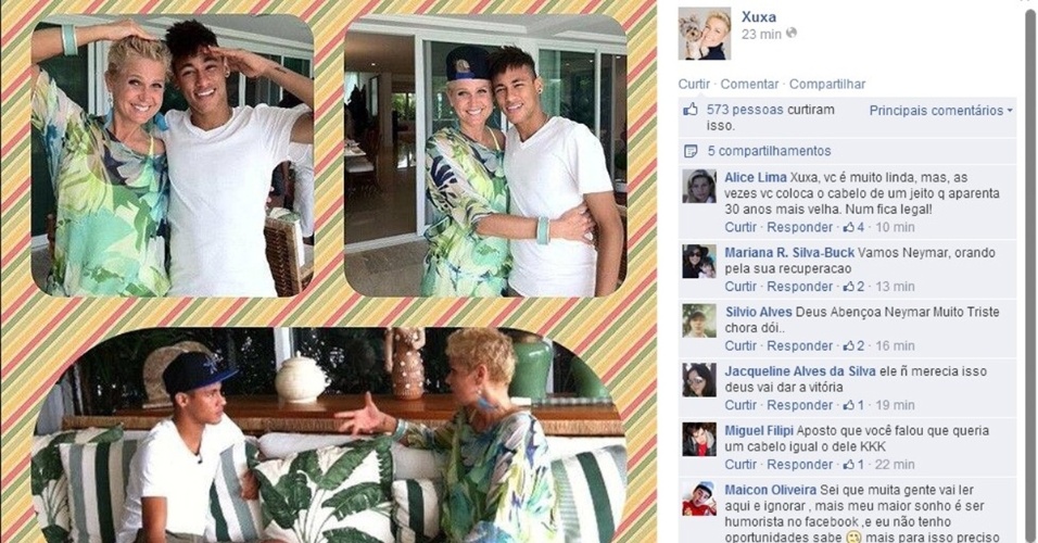5.jul.2014 - A apresentadora Xuxa mandou sua mensagem de apoio a Neymar pelo Facebook