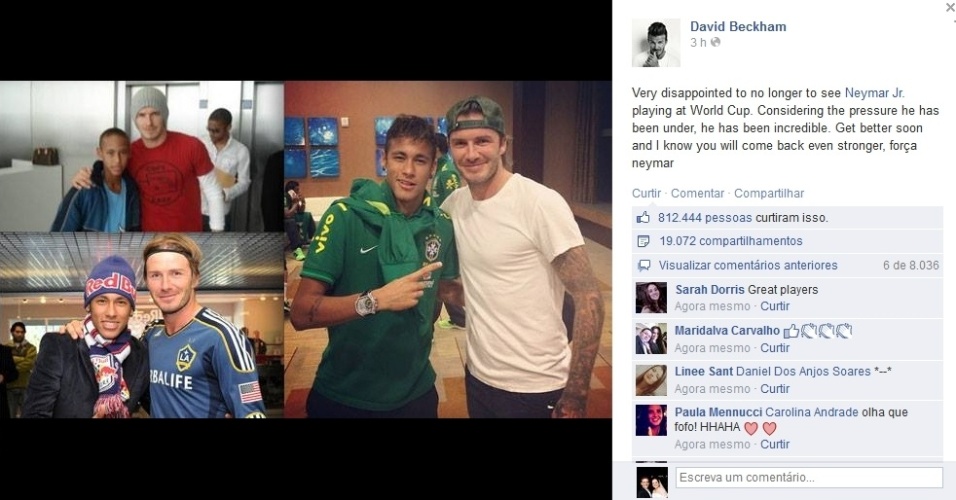 7.jul.2014 - David Beckham lamenta saída de Neymar da Copa: "muito desapontado"