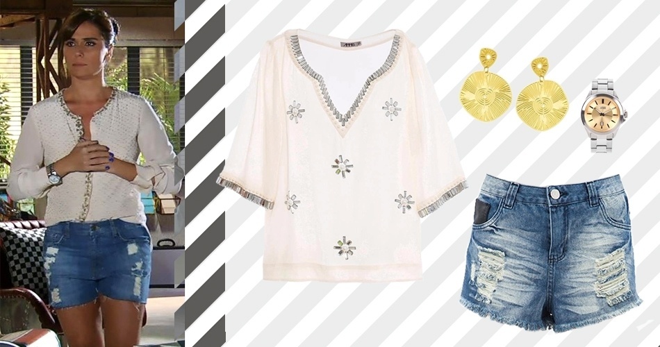 Como Clara (Giovanna Antonelli) é mãe, seu figurino preza pelo conforto e praticidade, sempre com uma cara jovem e descompromissada, como o look de short jeans com bata bordada - Reprodução/TV Globo e Divulgação