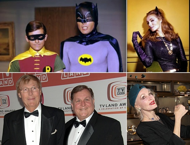 No alto, Burt Ward (esq.), Adam West e Julie Newmar em cenas da série "Batman"; embaixo, West (esq.) e Ward em foto de 2006 e Newmar em foto de 2013