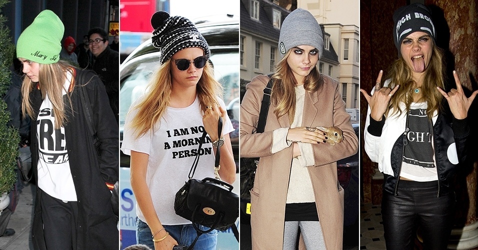 A modelo Cara Delevingne chama a atenção não apenas pela sua beleza e talento, mas também por causa da sua personalidade divertida, que, inclusive, é traduzida na maneira em que se veste. A peça mais marcante de seu estilo é o gorro, que aparece em diferentes cores e estilos. A seguir, veja uma seleção de modelos da peça que ajuda a proteger do frio do inverno, sem perder o bom humor - Grosby Group/Getty Images
