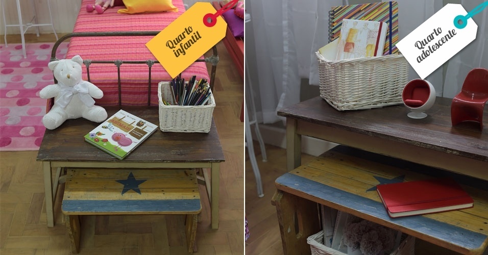 Os bancos pequenos, usados antes no pé da cama da criança, são deslocados para perto da janela e viram suporte de itens mais condizentes com a faixa etária do seu morador, como cadernos de anotação e réplicas em miniaturas de cadeiras de design famoso. Note que os cestos usados são os mesmos tanto em um quarto quanto em outro - Reinaldo Canato/UOL