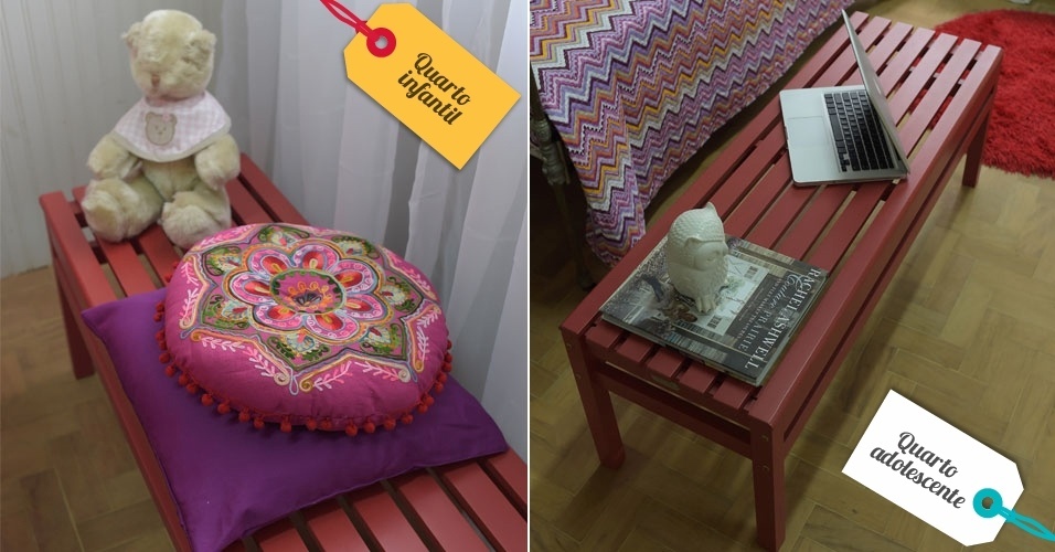 O banco vermelho é o mesmo nos dois ambientes. No infantil, era usado próximo a uma janela. Já no quarto adolescente, vira apoio para o notebook - Reinaldo Canato/UOL