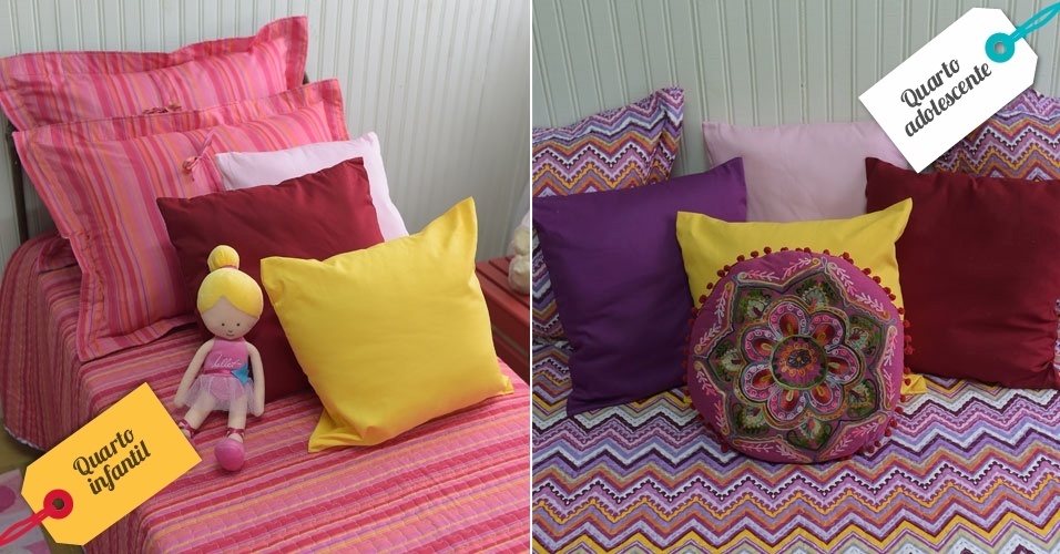 Almofadas e travesseiros também conseguem imprimir personalidade em um ambiente. No quarto adolescente, a personalidade jovem fica evidenciada com a mistura de itens lisos com um de estampa forte. Na mesma cartela de cores do edredom, a almofada redonda oferece, ao mesmo tempo, contraste - Reinaldo Canato/UOL