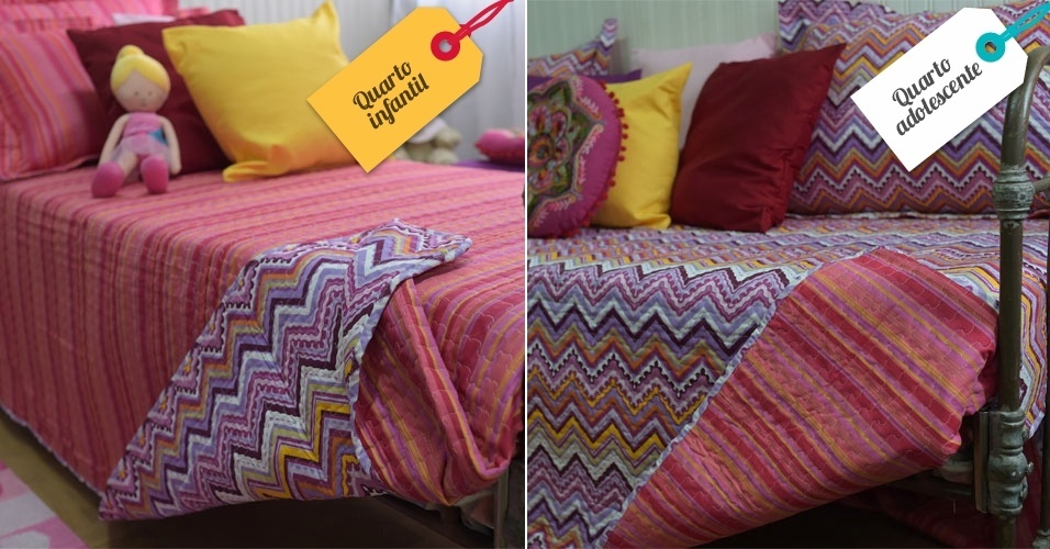 Há muitas opções de edredons dupla face no mercado. Acima, a roupa de cama tinha um lado com uma estampa mais tranquila e outra com estampa marcante. Na hora de transformar o quarto de criança em um de adolescente, bastou usar a colcha com a padronagem mais radical para cima - Reinaldo Canato/UOL