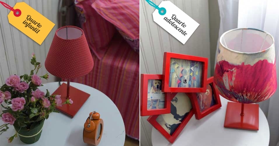 Outro item que tem o poder de imprimir uma nova cara ao ambiente, inicialmente destinado a uma criança, é o abajur. Nesse caso, trocou-se o com cúpula de bolinhas miúdas por um de estampa abstrata em cor forte, na mesma inspiração do tapete, em mais um passo para transformar o espaço em um quarto de adolescente - Reinaldo Canato/UOL