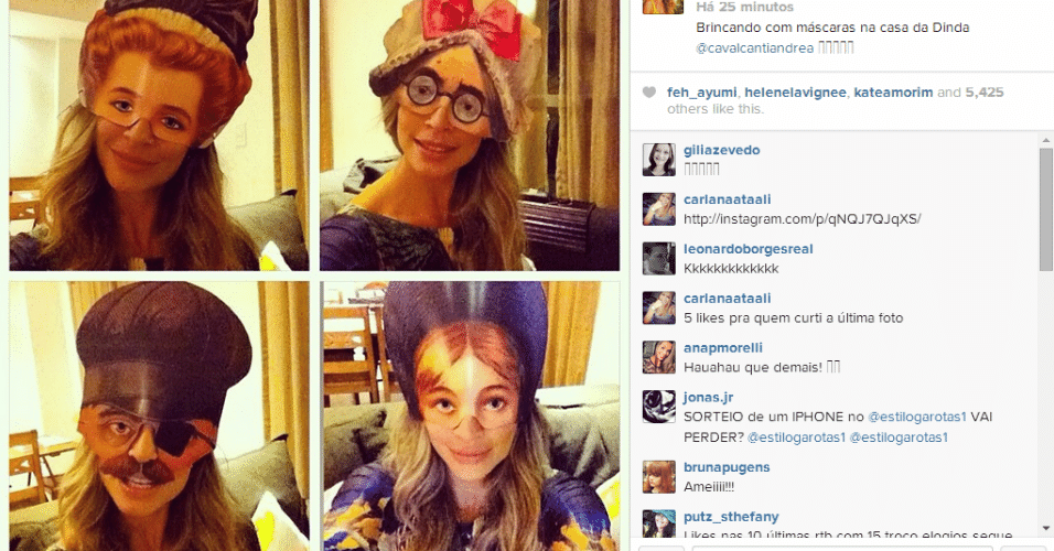 9.jul.2014 - Antes de dormir, Grazi Massafera se diverte fazendo selfies com máscaras diferentes. "Brincando com máscaras na casa da dinda Andrea Cavalcanti", escreveu no Instagram
