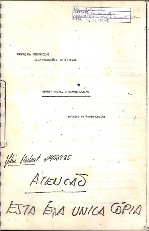 Capa do roteiro escrito por Paulo Coelho para o filme "Sidney Magal - O Amante Latino" - undefined
