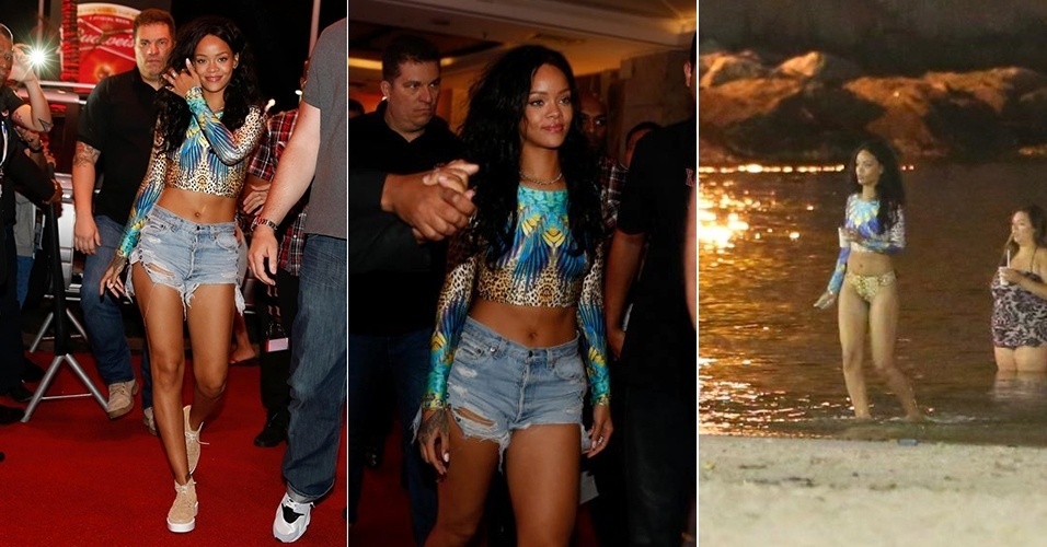 Rihanna esteve no Rio de Janeiro neste final de semana para acompanhar a final da Copa do Mundo. Ela foi vista saindo do hotel e nadando na praia da Urca com um biquíni estampado com top de mangas longas de marca brasileira. A seguir, veja onde encontrar as peças e opções semelhantes para copiar o look da cantora - Agnews