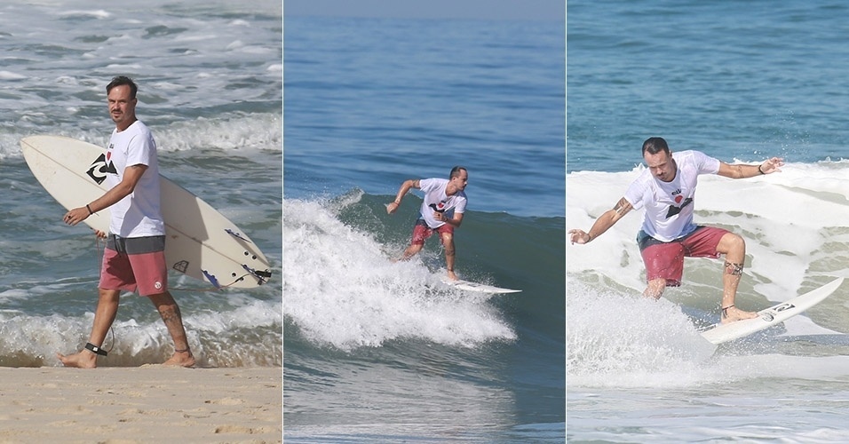 16.jul.2014 - Paulinho Vilhena aproveitou o dia de sol no Rio de Janeiro para surfar na praia do Recreio dos Bandeirantes
