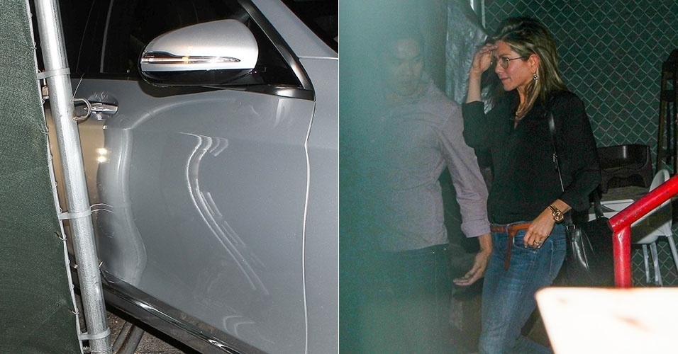 17.jul.2014 - Jennifer Aniston rala a lateral do carro depois de jantar em Los Angeles