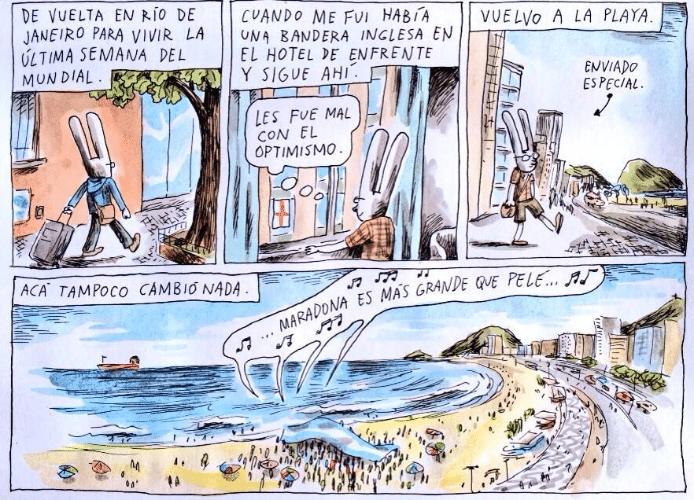 Após cobrir a primeira semana de jogos no Rio e com a Argentina classificada para a última fase, o cartunista Liniers voltou ao Brasil para mais uma semana de trabalho