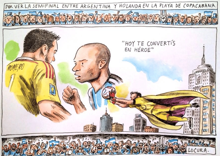 Charge de Liniers comemora defesas heróicas do goleiro argentino Romero em disputa de pênaltis contra a Holanda na semifinal