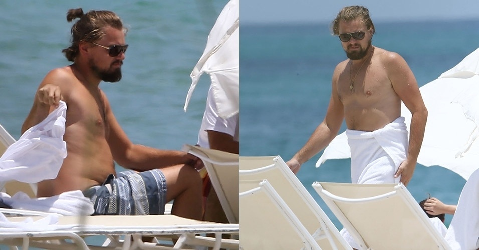20.jul.2014 - Aos 39 anos, Leonardo DiCaprio foi flagrado com uma barriguinha saliente enquanto curtia um dia de praia em Miami, Estados Unidos. De óculos de sol e o cabelo preso, o ator tentou disfarçar a forma física ao se enrolar em uma toalha