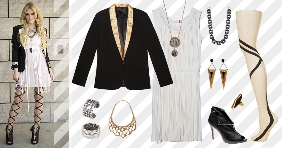 Megan (Isabelle Drummond), da novela "Geração Brasil", mistura peças femininas e delicadas com outras roqueiras. A meia-calça, o salto alto e o exagero de acessórios são as principais características do estilo da personagem - Reprodução/Globo e Divulgação