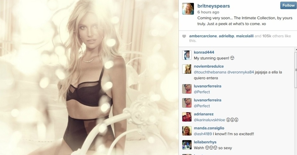 23.jul.2014 - Britney Spears divulgou imagem da campanha de moda íntima que leva seu nome. Na imagem a cantora aparece sexy vestindo lingerie preta