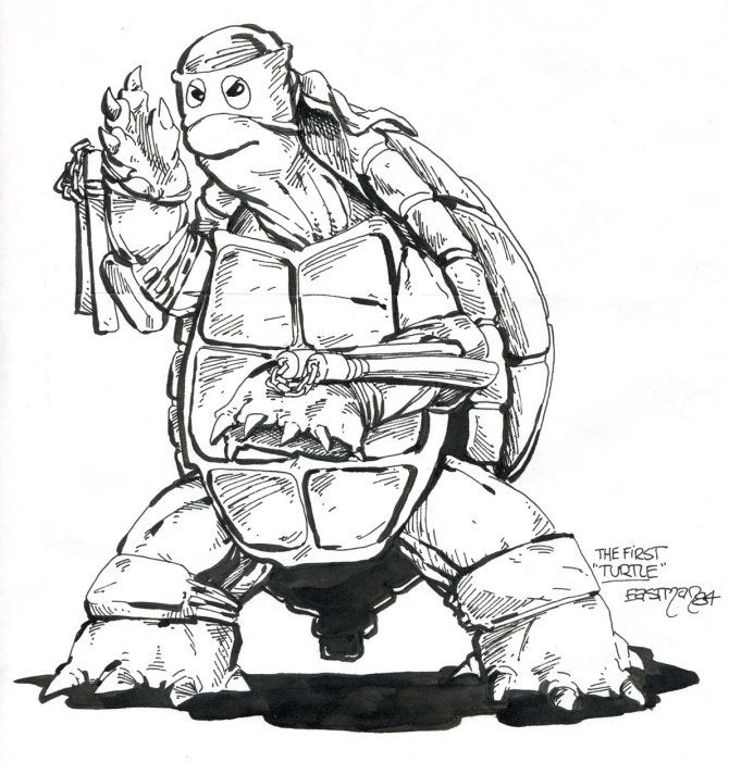 A primeiro desenho das Tartarugas Ninja, feito em 1984 por Kevin Eastman, está sendo vendido na San Diego Comic-Con por US$ 2 milhões. Parte da arrecadação será doada a instituições de caridade. Este ano marca o aniversário de 30 anos dos personagens - Divulgação