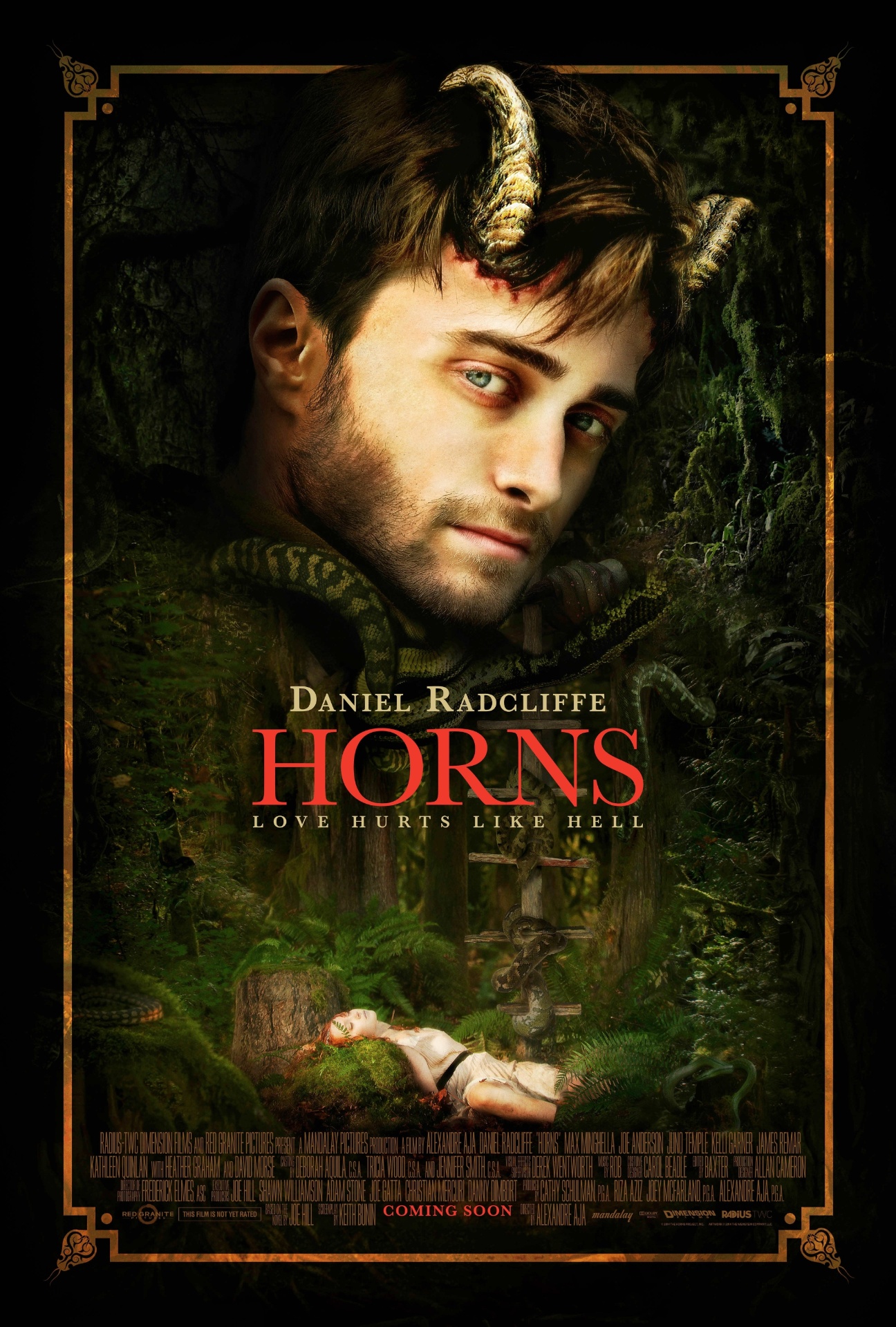 Pôster do filme "Horns", com Daniel Radcliffe, sobre um homem que acorda e descobre ter dois chifres demoníacos crescendo em sua cabeça. O longa é baseado no romance de mesmo nome de Joe Hill - Divulgação