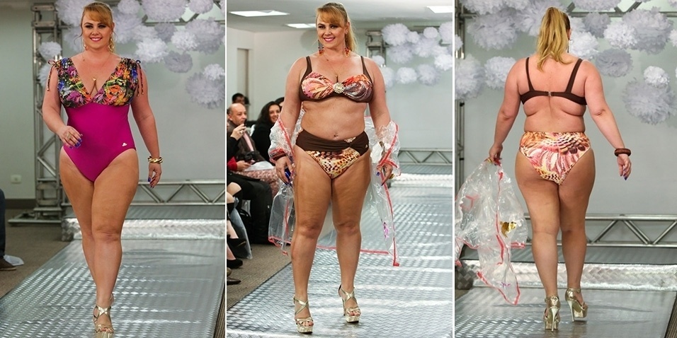 28.jul.2014 - A ex-paquita Ana Paula Almeida estreia como modelo pluz size e desfila para uma marca de roupas moda praia
