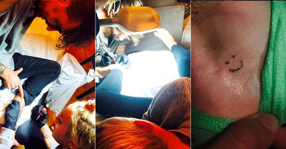 29.jul.2014 - Miley Cyrus tatua e seu amigo Cheyne Thomas fazem tatuagem um no outro
