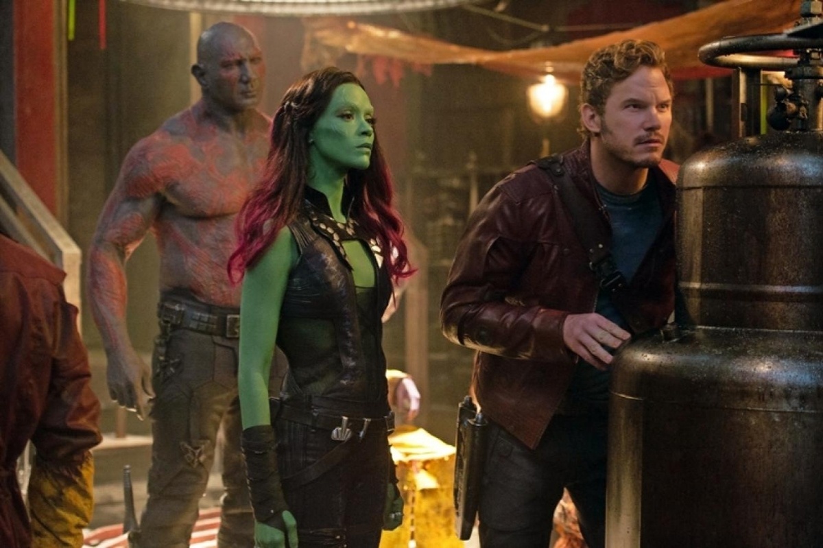 Dave Bautista, Zoe Saldana e Chris Pratt em cena de Os Guardiões da Galáxia - Divulgação