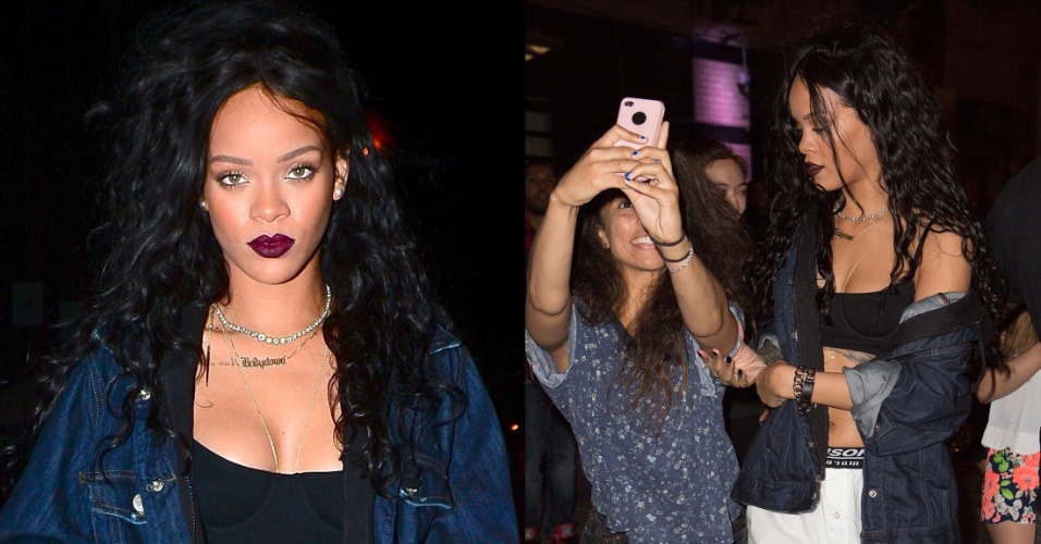 31.jul.2014- Com a barriga de fora, Rihanna é flagrada com cara de poucos amigos, na noite desta quarta-feira (30), em Nova York. A cantora não fez questão de sorrir nem mesmo quando foi abordada por uma fã querendo tirar uma foto com ela
