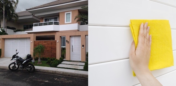 À esquerda, modelo de portão ripado em alumínio, em um projeto do escritório de arquitetura Pimenta e Franco. À direita, detalhe de um modelo em chapas de alumínio com pintura eletrostática branca - Divulgação/ Getty Images/ Montagem UOL - Divulgação/ Getty Images/ Montagem UOL