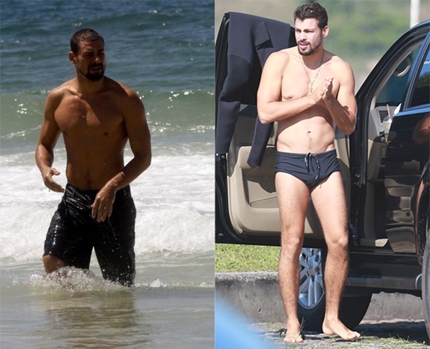 Cauã à esquerda, com o corpo mais musculoso na praia. À direita, em foto recente, o ator aparece mais magro