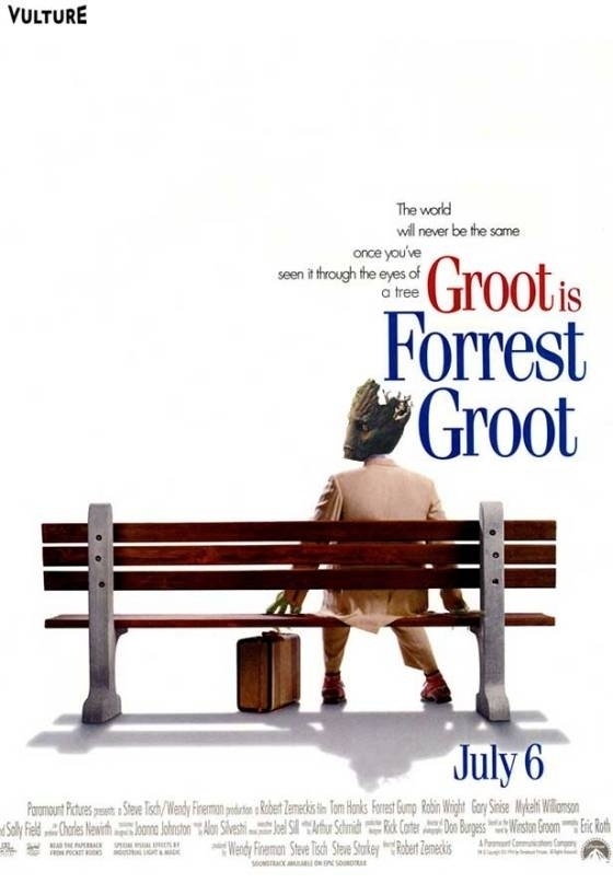 Montagem do pôster de "Forrest Gump", com o personagem Groot de "Guardiões da Galáxia" - Montagem/www.vulture.com