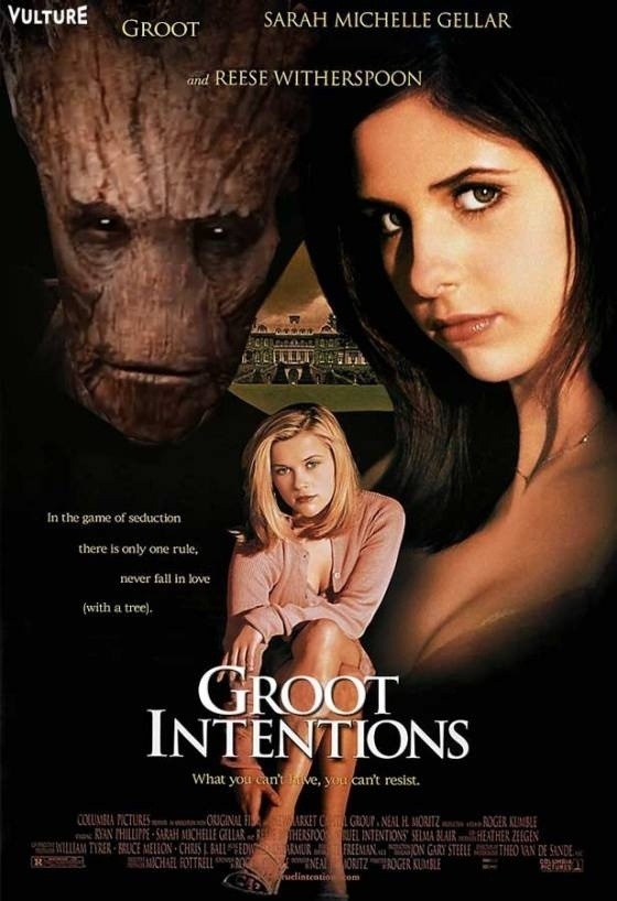 Montagem do pôster de "Segundas Intenções", com o personagem Groot de "Guardiões da Galáxia" - Montagem/www.vulture.com