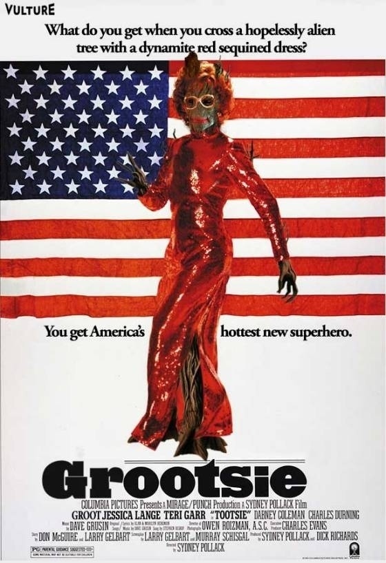 Montagem do pôster de "Tootsie", com o personagem Groot de "Guardiões da Galáxia" - Montagem/www.vulture.com