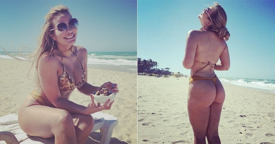 9.ago.2014 - Geisy Arruda posa de biquíni fio dental e comendo açaí em praia de Fortaleza neste sábado. Ela diz ter perdido 10 quilos depois de sofrer um aborto espontâneo em maio, chegando aos 75 quilos