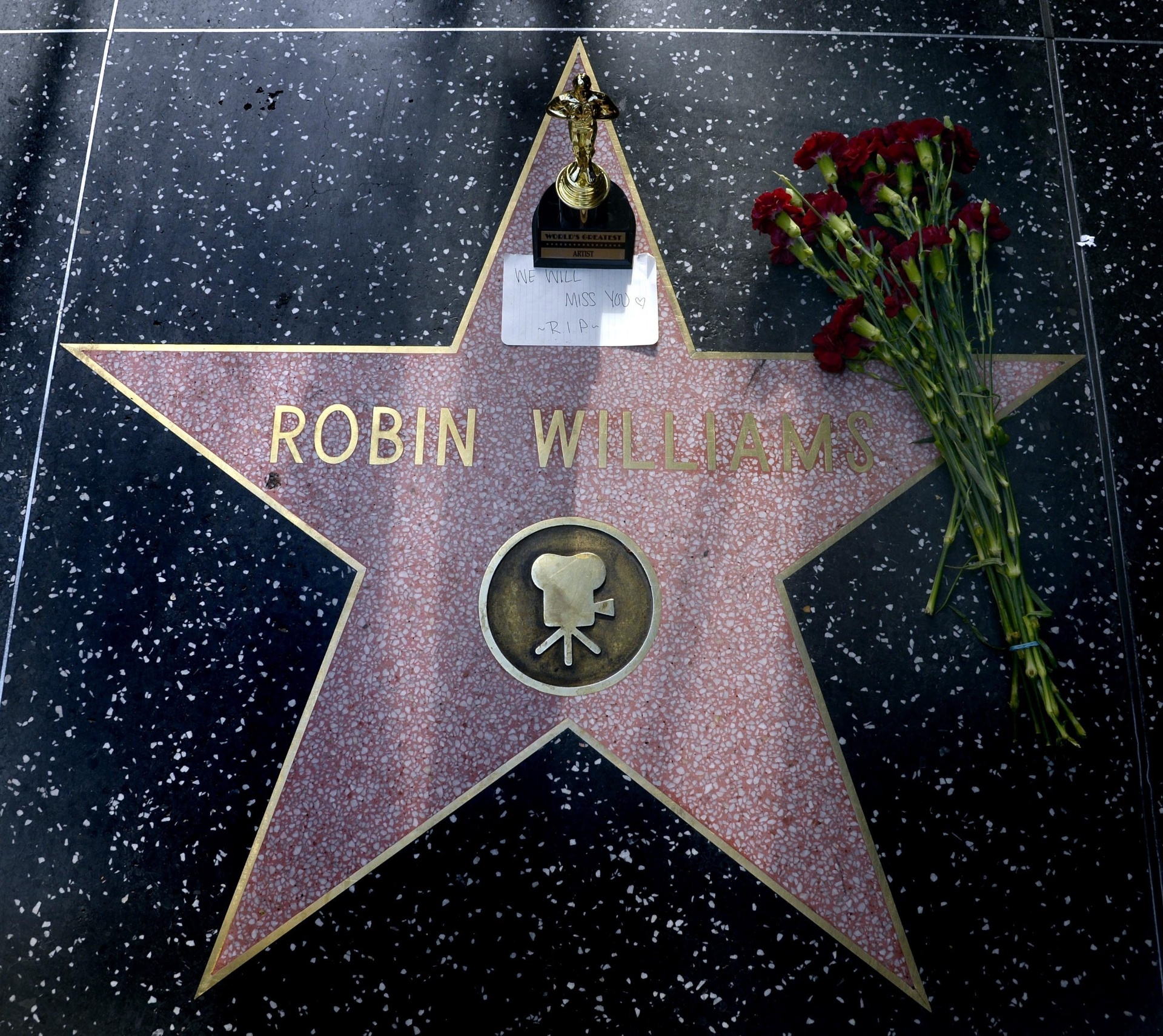 11.ago.2014 - Flores e uma réplica da estatueta do Oscar foram colocados na estrela que leva o nome do ator Robin Williams na Calçada da Fama, em Hollywood, Califórnia. O ator, morto aos 63 anos nesta segunda, venceu o Oscar na categoria de melhor ator coadjuvante por "Gênio Indomável", em 1998 - Michael Nelson/EFE