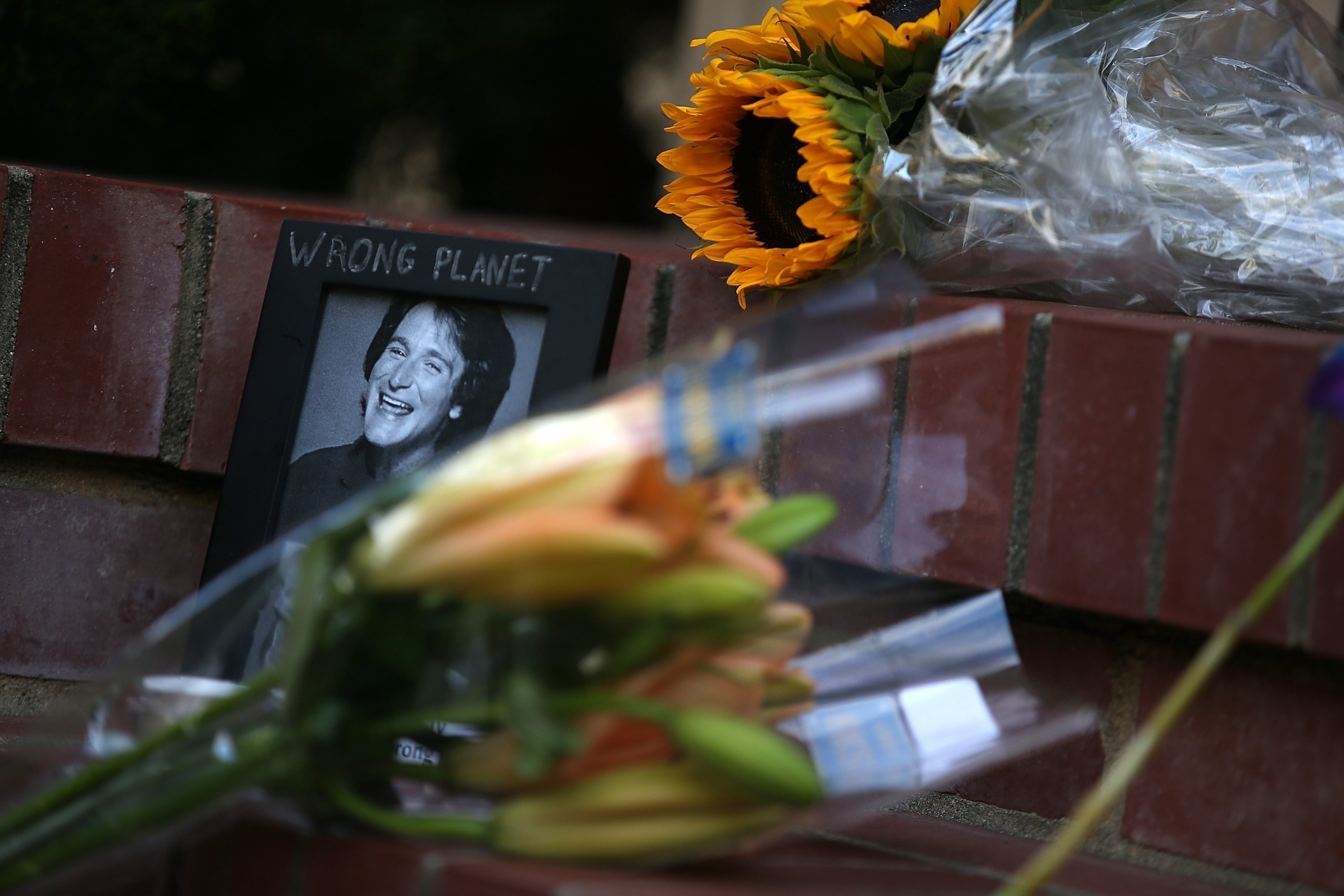 12.ago.2014 - Detalhe para as flores e porta-retrato em homenagem a Robin Williams em frente a casa do filme "Uma Babá Quase Perfeita" em San Francisco, na Califórnia - Justin Sullivan/Getty Images/AFP