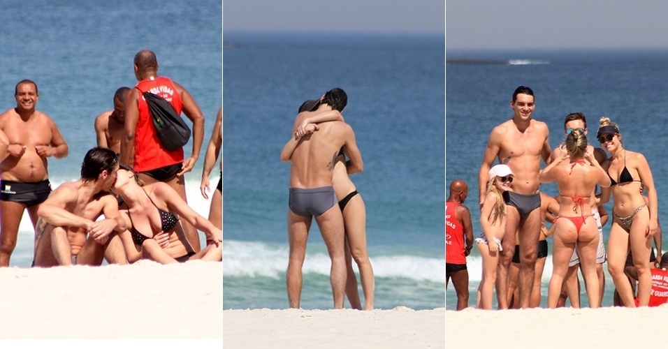 12.ago.2014 - Participante do "Dança dos Famosos", o ex-jogador de vôlei Giba vai à praia com a mulher