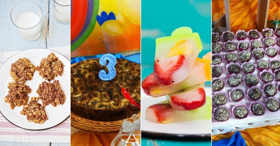 montagem para destacar álbum de Gravidez e Filhos com guloseimas saudáveis para festas infantis - Montagem/Fotos Elisa Correa/Divulgação e Divulgação