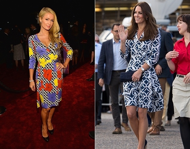 Paris Hilton (à esq.) e Kate Middleton (à dir.) usam o modelo mais clássico do vestido envelope: estampado de jérsei, com silhueta ajustada e de mangas longas ou 3/4. Os dois vestidos são da estilista Diane Von Furstenberg, criadora do modelo - Getty Images