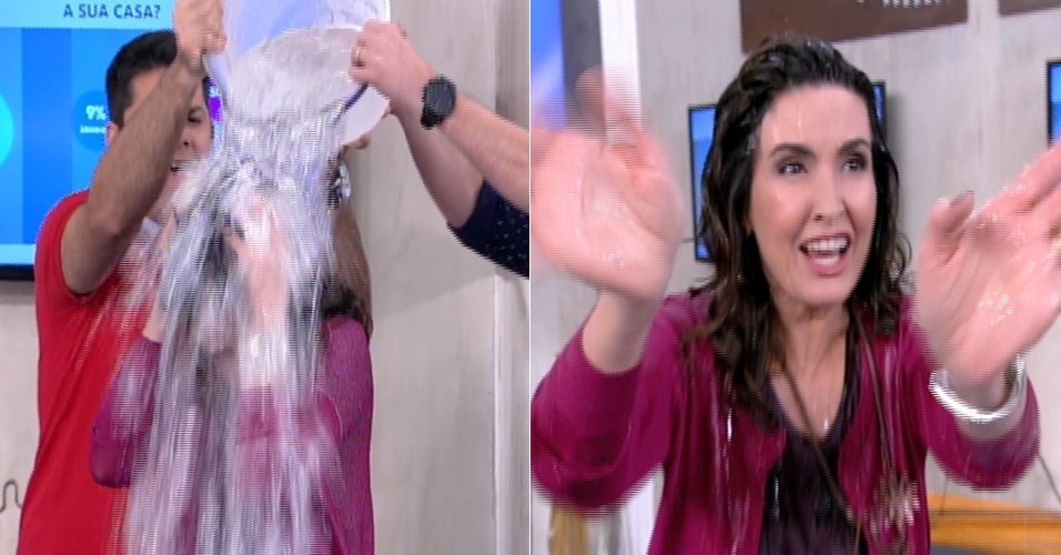 Fátima Bernardes levou um banho de água fria ao vivo no final de seu programa na Globo. Ela desafiou o técnico Dunga, o cantor Daniel e a apresentadora Regina Casé para a brincadeira