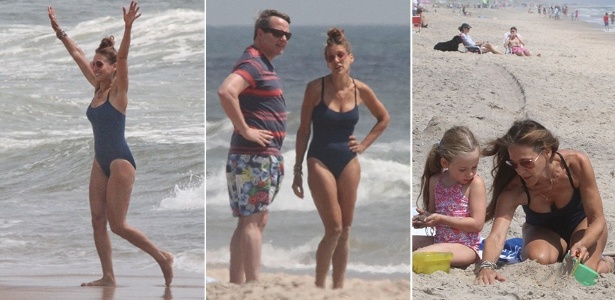 17.ago.2014 - Sarah Jessica Parker aproveita dia de praia em Montauk, no estado de Nova York, com o marido, Matthew Broderick, e a filha