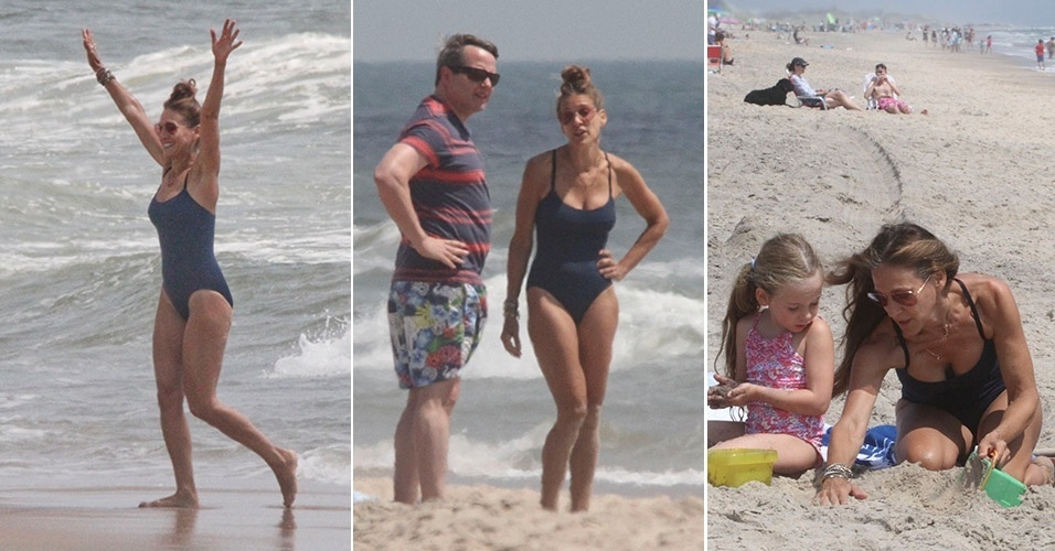 17.ago.2014 - Sarah Jessica Parker aproveita dia de praia em Montauk, no estado de Nova York, com o marido, Matthew Broderick, e a filha