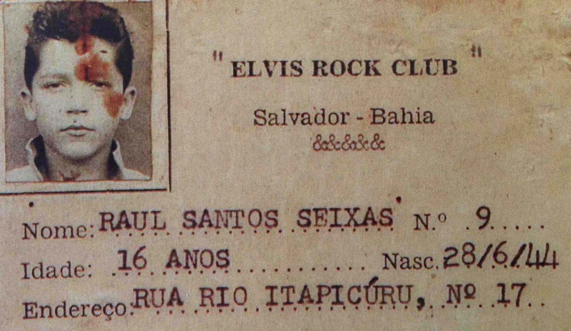 Carteirinha de Raul Seixas do Elvis Rock Club em Salvador - Reprodução