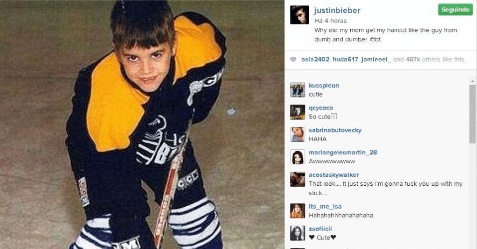 22.ago.2014 - Em foto de quando ainda era criança, Justin Bieber compara seu corte de cabelo ao do personagem Lloyd Christmans, interpretado por Jim Carrey no filme 