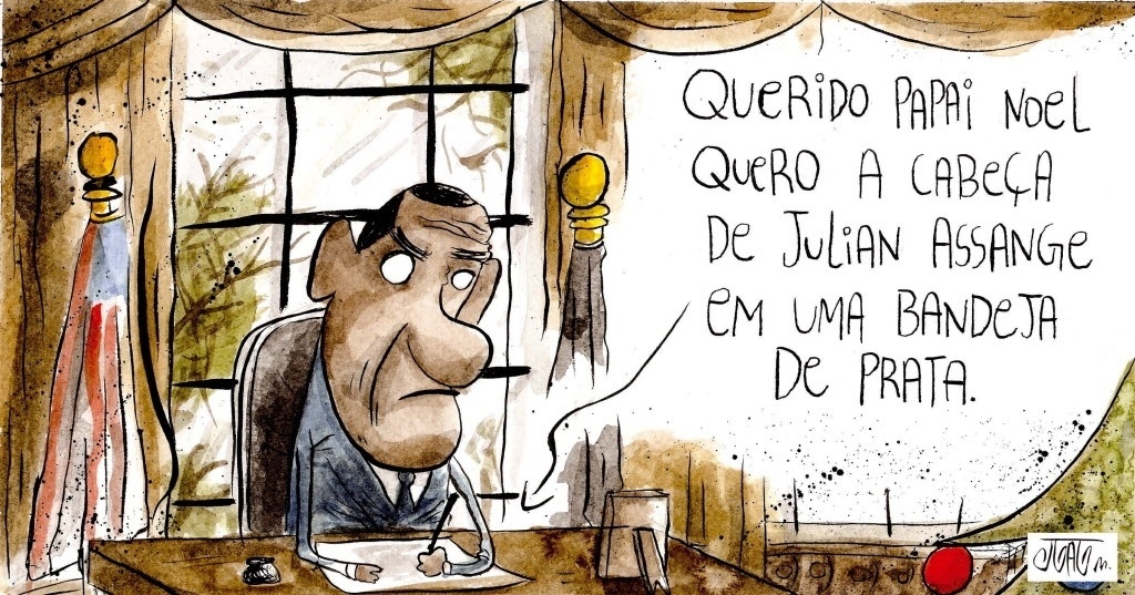 11.dez.2010 - Desde sua estreia como colaborador da Folha, João Montanaro mostrou versatilidade com temas internacionais, políticos ou pop. Na charge acima, no auge da crise do Wikileaks, governo americano sonha com a captura de Julian Assange - João Montanaro/Folhapress